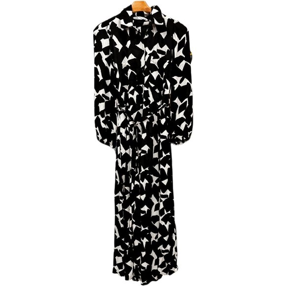 Zara  MSRP $100 Maxi Shirtdress Black White Tie Waist Button Down Long Sleeve SM - Picture 1 of 9